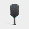 Front-facing upright view of the Luzz Pro 4 Blue Blaze Inferno paddle, featuring a black face with blue stripes, a light blue edge, and a black handle. 16mm thickness, 16.54" length, 7.48" width, 7.94 oz average weight, and 5.52" handle length.