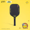 Front view of a pickleball paddle on a yellow background, featuring a yellow LUZZ logo and UPA-A and USAP certification logos